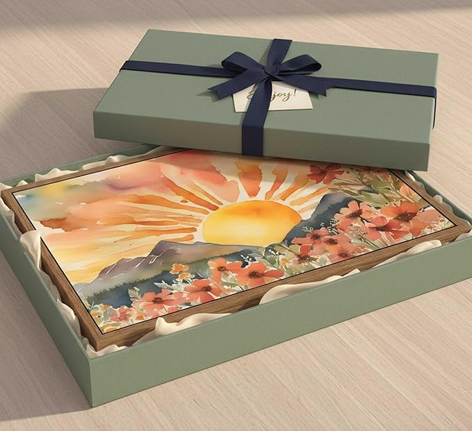 Framed Boho Sun Canvas Wall art Mid-Century Modern Abstract Bohemian Sunset in The Mountains Watercolor Wildflowers Sunrise Landscape Picture Wall Decor Poster Print Artwork for Living Room