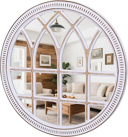 HOITUZYUS 30 Inch Round Farmhouse Window Pane Mirror, Distressed Wood Framed Decorative Wall Mirror for Living Room, Entryway, Above Fireplace