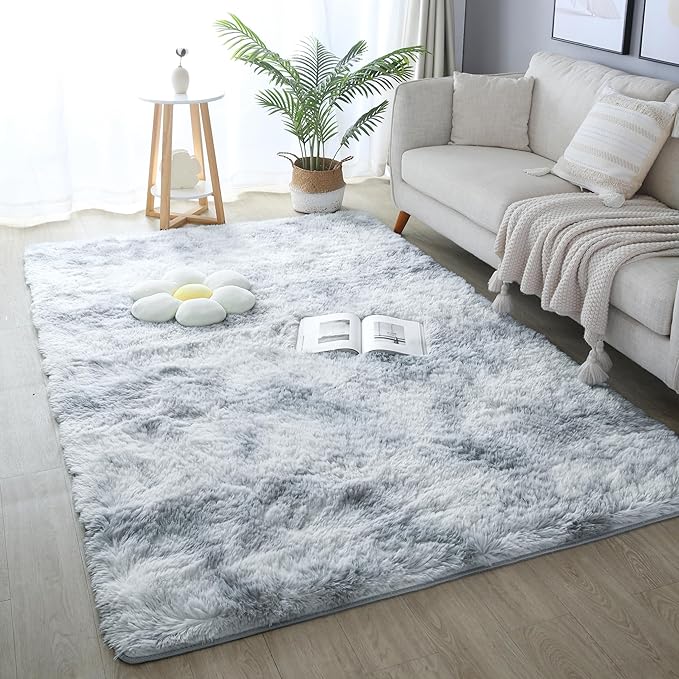 KICHOWUA Area Rug 5x7 Light Grey Fluffy Shag for Bedroom, Ultra Soft Plush Fuzzy Washable Thickened Non Slip Carpet, Cozy Furry Shaggy Rug for Living Room Kids Nursery Dorm Room, Tie-Dye Gray