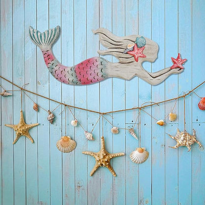Morning View Wooden Mermaid Wall Decor Nautical Decoration Hanging Mermaid Plaque Large Wall Art Rustic Coastal Beach Ocean Sea for Bathroom Decor Home House 17X6.5 Inches (Pink)
