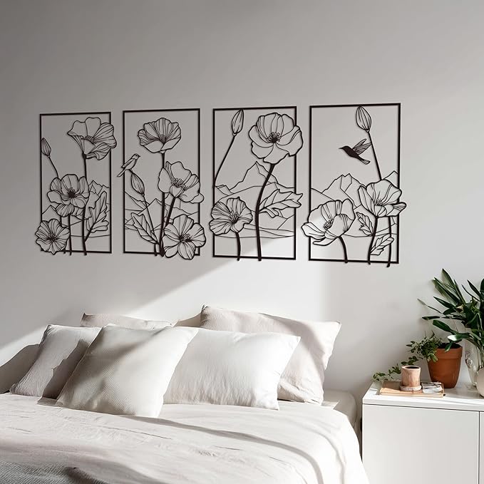 deeinglif Black Metal Wall Art Set of 4, 3D Metal Wall Decor for Living Room Bedroom Bathroom, Abstract Floral Mountain Nature Wall Sculptures, Modern Minimalist Iron Wall Art, 12 x 17 Inch