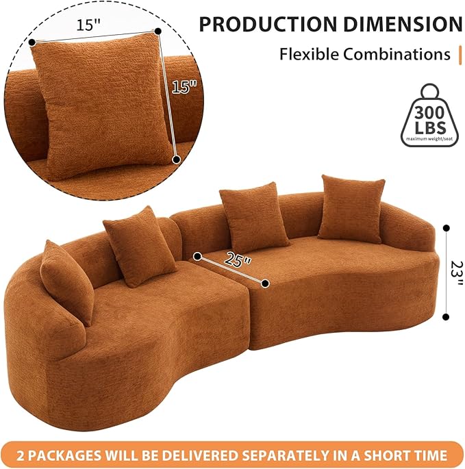KEIKI Curved Chenille Modular Sectional Couches with Pillows, 4 Seater Oversized Upholstered Luxury Plush Cloud Sofa for Living Room Apartment, Full Compression Sponge,
