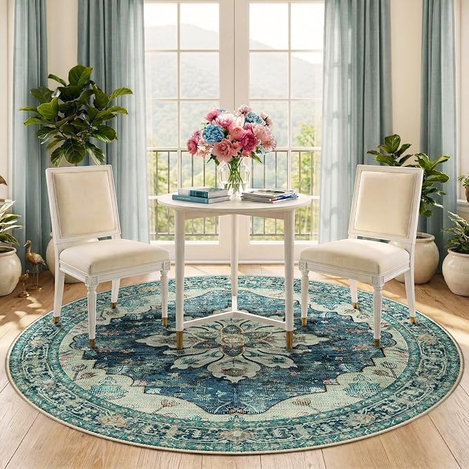 RELEANY Area Rugs Round 5ft Washable Non-Slip, Floral Vintage Distress Print Pattern Medallion Carpet for Living Room Bedroom Dining Room, Dark Blue Vintage