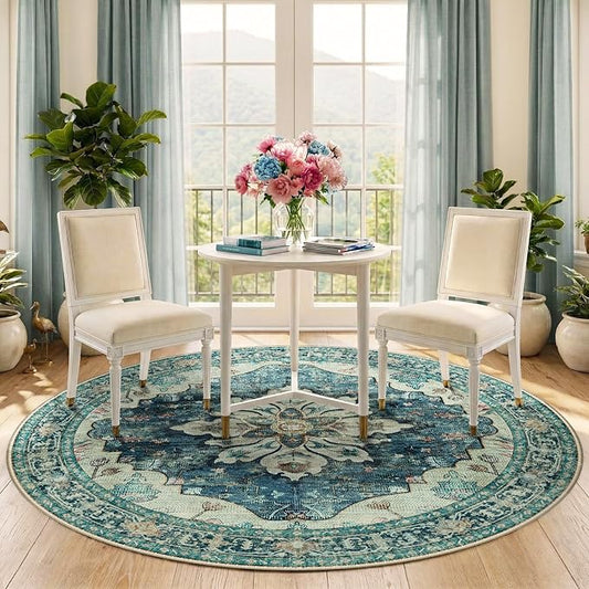 RELEANY Area Rugs Round 5ft Washable Non-Slip, Floral Vintage Distress Print Pattern Medallion Carpet for Living Room Bedroom Dining Room, Dark Blue Vintage