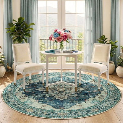 RELEANY Area Rugs 6ft Washable Non-Slip, Floral Vintage Distress Print Pattern Medallion Carpet for Living Room Bedroom Dining Room, Dark Blue Vintage