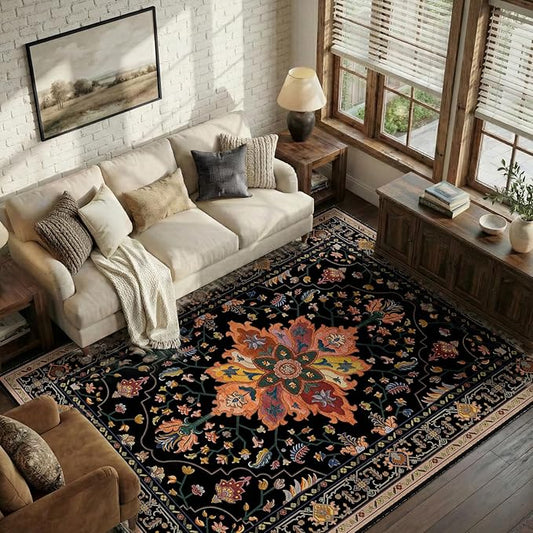 RELEANY Area Rugs 5'x7' Washable Non-Slip, Floral Vintage Distress Print Pattern Medallion Carpet for Living Room Bedroom Dining Room, Black Colorful Floral Dark Tan