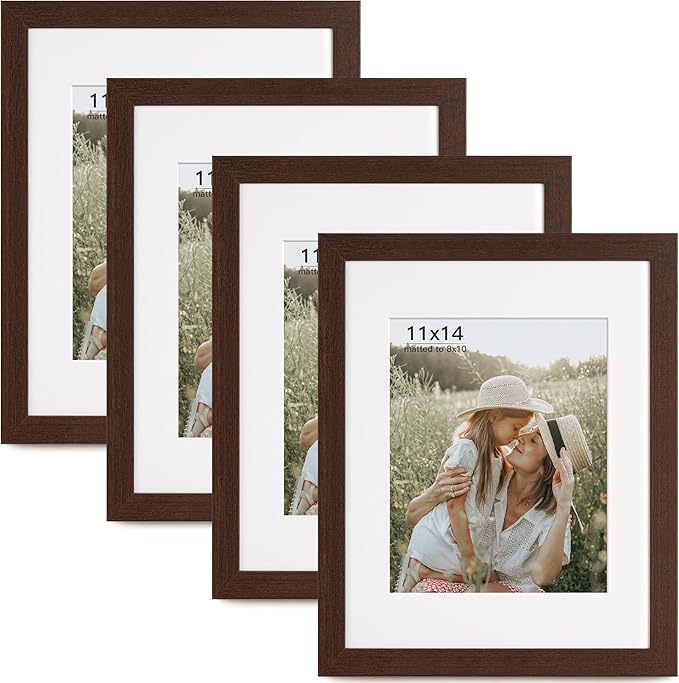 Momentworth 11x14 Picture Frame with Mat for 8x10 Set of 4, Walnut Wood Grain 11 x 14 Dark Brown Gallery Wall Picture Frames for Wall Mounting(4 Pack, Walnut)
