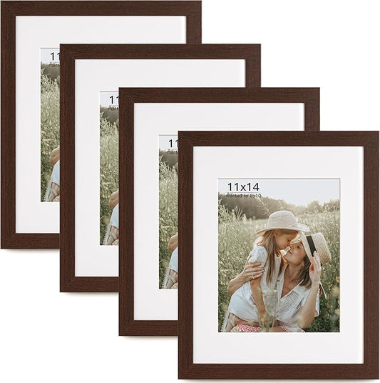 Momentworth 11x14 Picture Frame with Mat for 8x10 Set of 4, Walnut Wood Grain 11 x 14 Dark Brown Gallery Wall Picture Frames for Wall Mounting(4 Pack, Walnut)