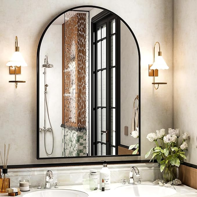 XRAMFY 30x38 Inch Arched Bathroom Mirror - Black Metal Frame Wall Mounted Vanity Mirror for Bathroom, Bedroom, Living Room, Hanging or Leaning Decorative Mirror