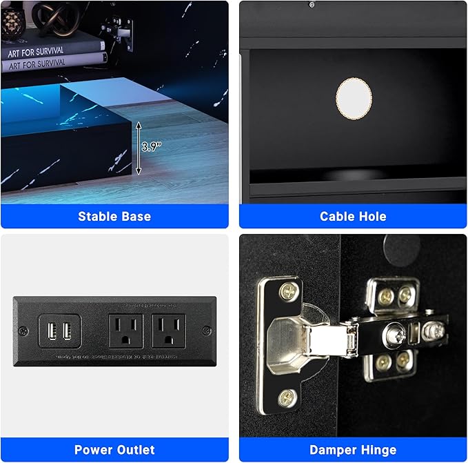 chartustriable 71IN LED TV Stands w/40 inch Fireplace Power Outlet for 85/80/75 Inch TVs,High Glossy Modern TV Media Console Gaming with 2 Storage Cabinets,Dual LED Lights,Black Marble