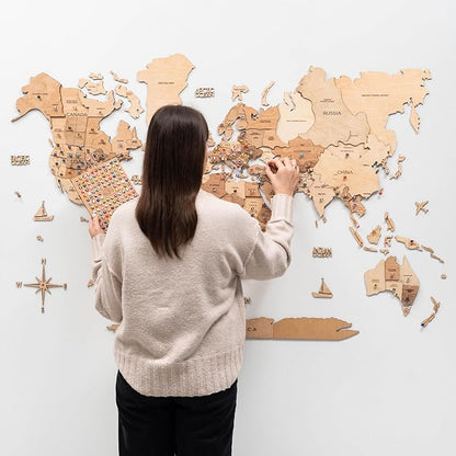 Enjoy The Wood 3D Wooden World Map Wall Art - Large Travel Map with Pins for Art Decor - Decorative Map of the World for Home, Office - Travel Wall Art Housewarming Gift Idea (Light, XL, Unframed)