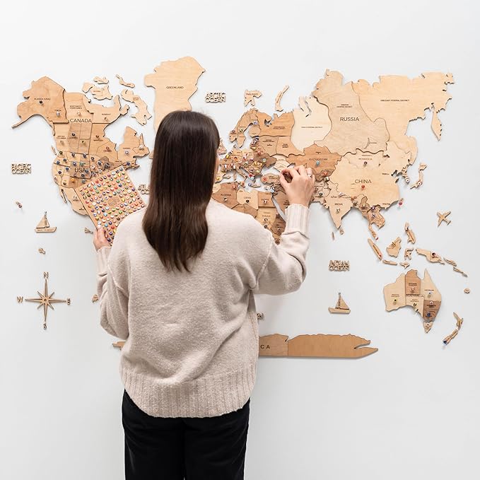 Enjoy The Wood 3D Wooden World Map Wall Art - Large Travel Map with Pins for Art Decor - Decorative Map of the World for Home, Office - Travel Wall Art Housewarming Gift Idea (Light, 2XL, Unframed)