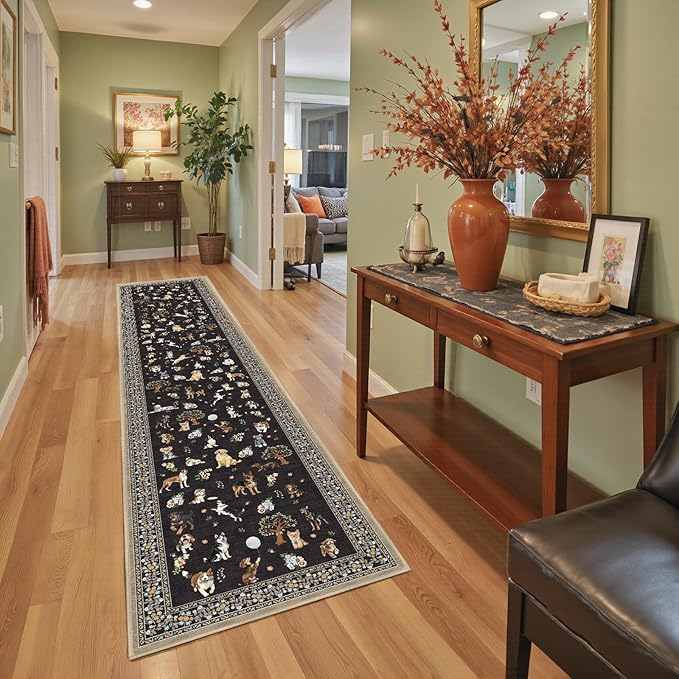 Floral Dog Hallway Runner Black Carpet Non-Slip, 2x10 Washable Rug Ultra-Thin Soft for Hallways, Kitchen Mat Stain Resistant for Entryway Bathroom