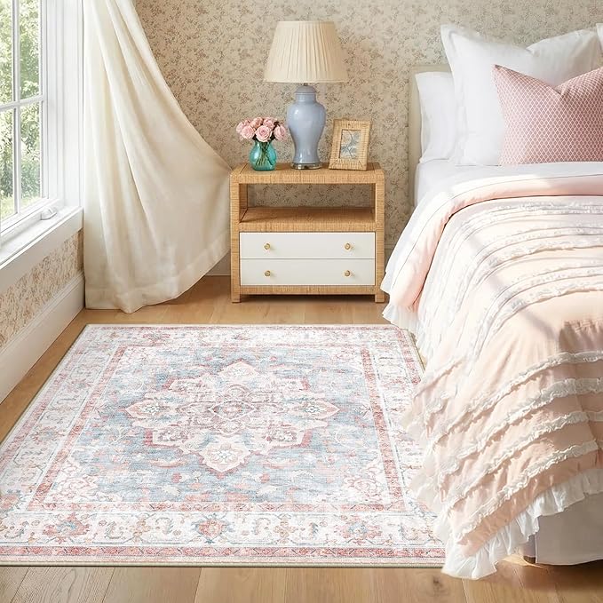 CAPALOCA Machine Washable Rugs Nursery Rug Sq5ft Cute Girl Non Slip Low Pile Water Repellent Soft Print Pattern for Bedroom Indoor Decor Kids Playroom Pink Blue