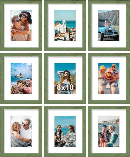 Vittanly 8x10 Picture Frames Set of 9, Shatter Resistant Plexiglass, Display 5x7 Pictures with Mat or 8x10 without Mat, Photo Frames for Wall or Tabletop, Engineered Wood, Rustic Green