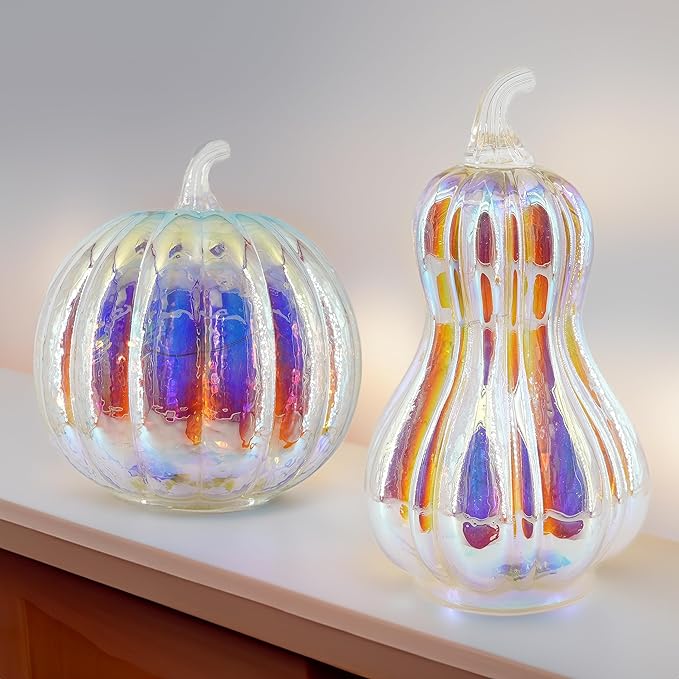 Colorful Mercury Glass Pumpkin with Built-in LED Light - Enhance Your Fall Decor with Magical Glow-Perfect Harvest Festival Decorations and Gift