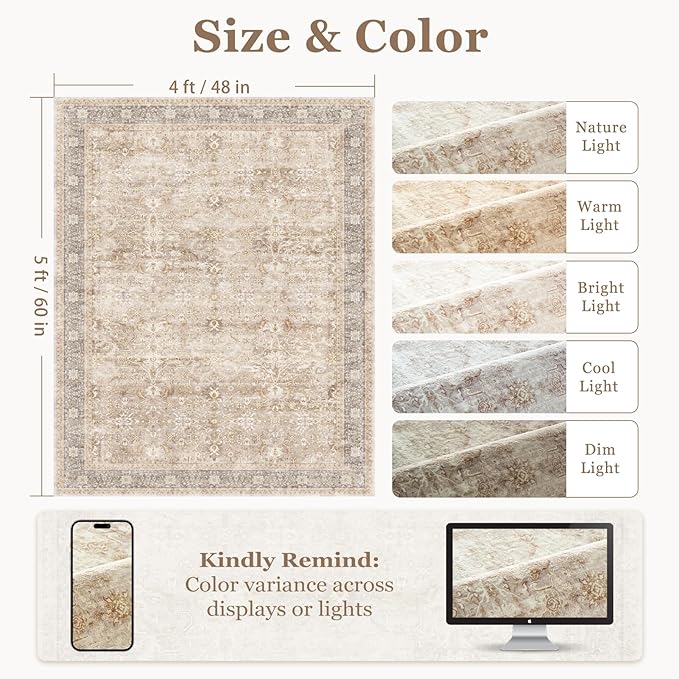 Neutral 4x5 Area Rugs for Living Bedroom, Kitchen Entryway Throw Rugs Non Skid Washable, Farmhouse Low Pile Thin Small Carpet Rug for Foyer/Nursery/Home Office/Dorm, Earth Tone Beige Taupe