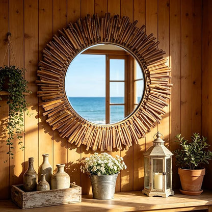 24 Inch Round Wall Mirror, Bohemian Sunburst Wall Mirror with Natural Wooden Stick Frame, Rustic Farmhouse Circle Decor Mirror for Bathroom, Bedroom, Living Room, Entryway Wall Art Decorative