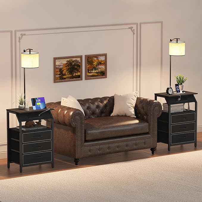 End Table with Floor Lamp Set of 2, Nightstand with Charging Station, Floor Lamp Table with 3-Color Temperature Bulb, Bedside Table Night Stand with 3 Drawers for Bedroom, Living Room, Black