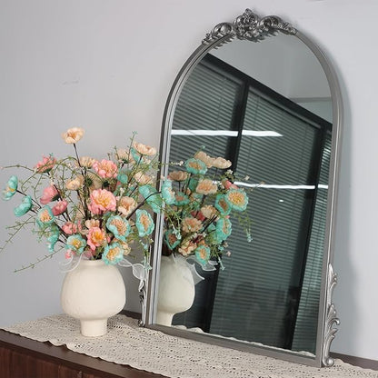 2pcs 26''x20'' Silver Antique Gold Arched Wall Mirror with Metal Flower Carving Frame, Small Vintage Retro Baroque Mirror Ornate, Vanity Mirror for Bathroom, Fireplace,Entryway, Living Room