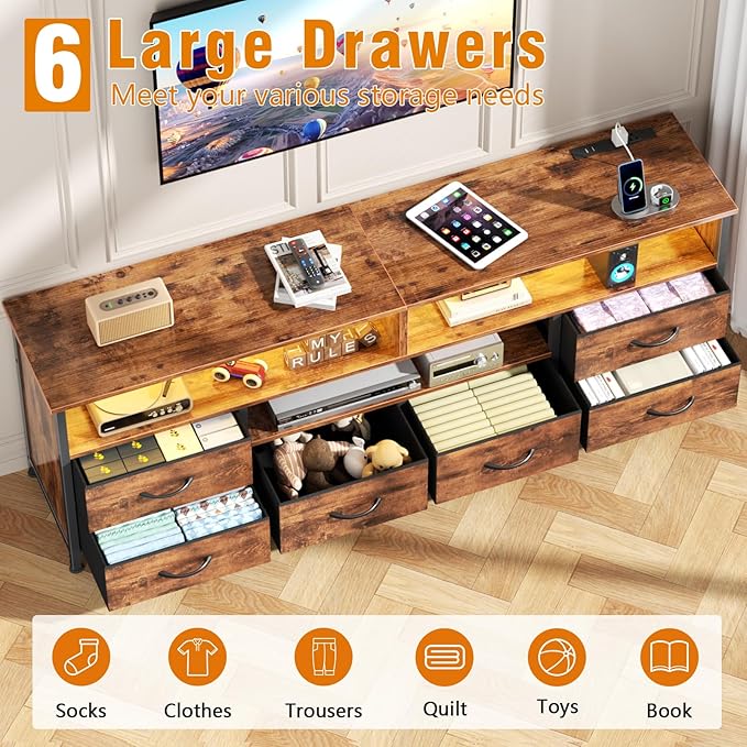 Furologee 55 Inch LED TV Stand for Bedroom with Power Outlets, Entertainment Center with 6 Fabric Drawers for 50/55/60 inch TVs, Dresser TV Stand Long Console Media Table for Living Room, Rustic Brown