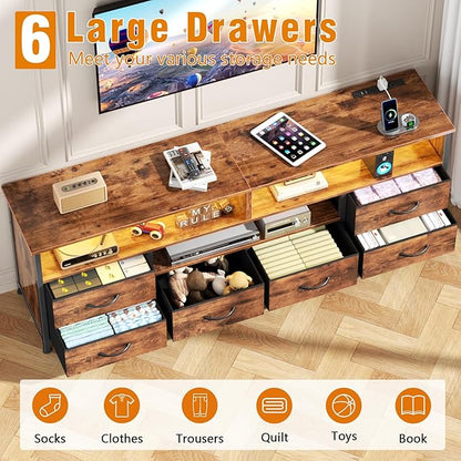 Furologee 55 Inch LED TV Stand for Bedroom with Power Outlets, Entertainment Center with 6 Fabric Drawers for 50/55/60 inch TVs, Dresser TV Stand Long Console Media Table for Living Room, Rustic Brown