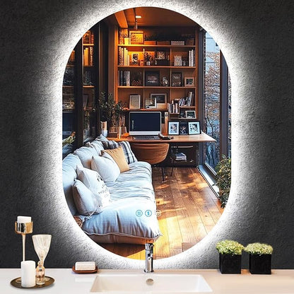 THEKLA 20 x 32 Inch Backlit Oval Lighted Vanity Mirror with Lights Smart Memory 3 Color Dimmable AntiFog 32" Frameless LED Oval Backlit Mirror for Bathroom Makeup Table Wall Vertical/Horizontal Mount