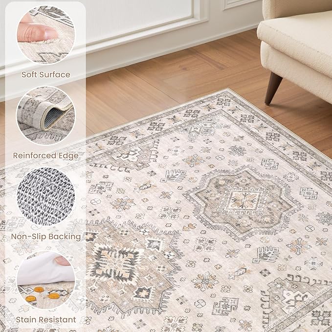 EIEIHOUSE Washable Area Rugs for Living Room - 5x7 Neutral Vintage Distressed Floral Farmhouse Boho Large Soft Floor Rug Indoor Non Slip Carpet for Living Room Bedroom Dining Room Office - Beige Brown