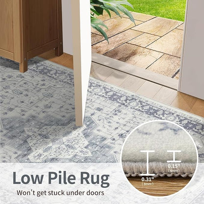 Rugxara Washable Area Rug for Living Room, Vintage Boho Rugs for Office, Dining Room, Kids Room, Farmhouse, Durable Low Pile Non Slip Carpet for High Traffic Areas, Blue Quartz(4x6ft)