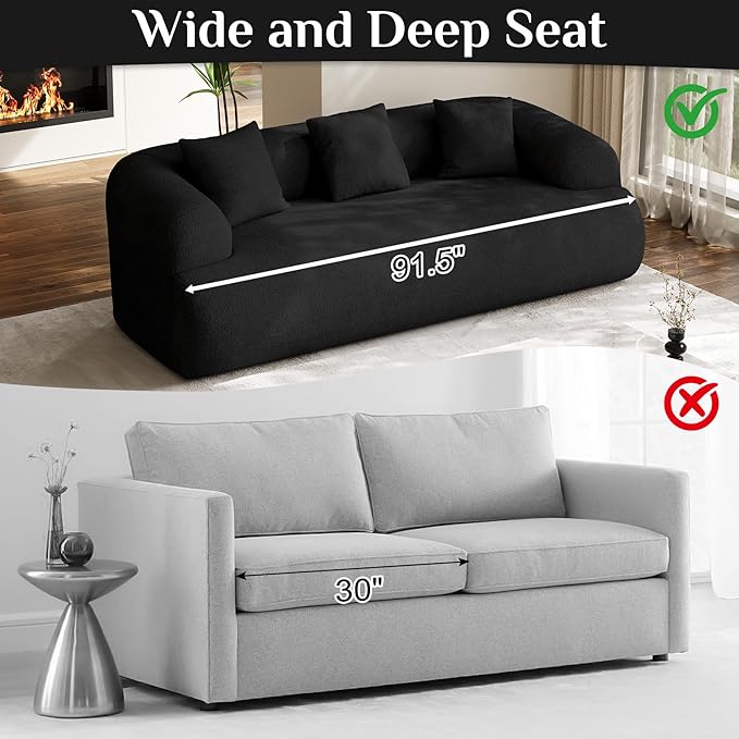 91" Boneless Couch,Cloud Couch,Chenille Curved Sofa with 3 Seater and 3 Pillows, Modern Compression Sofa for Living Room, Bedroom and Apartment, No Assembly Required, Black