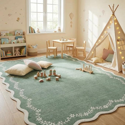 GarveeHome 5x7 Scalloped Area Rug Sage Green Washable Rugs for Living Room Bedroom, Soft Low Pile Non Slip Accent Floor Mat Solid Floral Print Throw Rug Indoor Carpet for Dorm Playroom