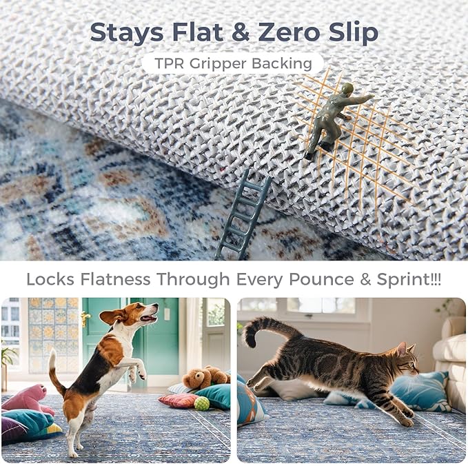 OPPODREAM Vintage Blue Area Rugs 3x5, 3 x 5 Retro Washable Rug Non Slip, Low-Pile Faux Wool Carpet, Distressed Navy Floor Mat for Living Room, Bedroom, Kitchen, Office, Dorm, Dinning Room