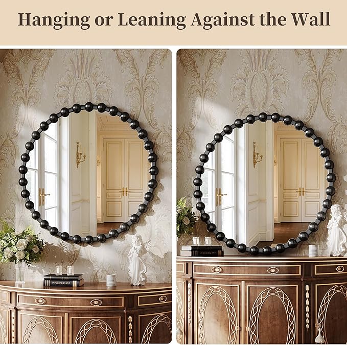 Round Vanity Mirror with Beaded Frame, 28 Inch Circle Wall Mirror for Bedroom Dresser, Entryway, Bathroom, Living Room, Decorative Hanging Wall Mirror, Black