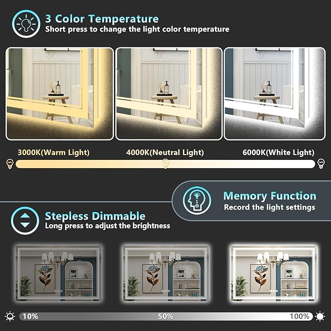 55x40 LED Bathroom Mirror with Lights, Backlit and Front Lit Anti-Fog Lighted Vanity Mirrors for Bathroom Wall, Dimmable, 3-Color Light, Memory, Shatter-Proof, HD Tempered Glass, CRI＞90