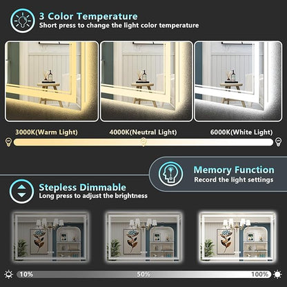 50x36 LED Bathroom Mirror with Lights, Backlit and Front Lit Anti-Fog Lighted Vanity Mirrors for Bathroom Wall, Dimmable, 3-Color Light, Memory, Shatter-Proof, HD Tempered Glass, CRI＞90