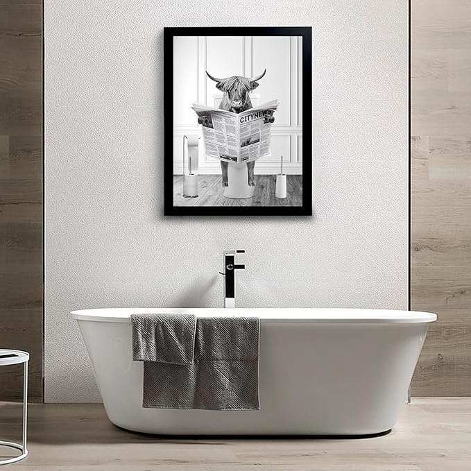 Funny Highland Cow Wall Art, Black Framed, Humor Animals Bathroom Artwork, Kids Bedroom Decor