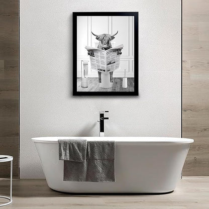 Funny Highland Cow Wall Art, Black Framed, Humor Animals Bathroom Artwork, Kids Bedroom Decor