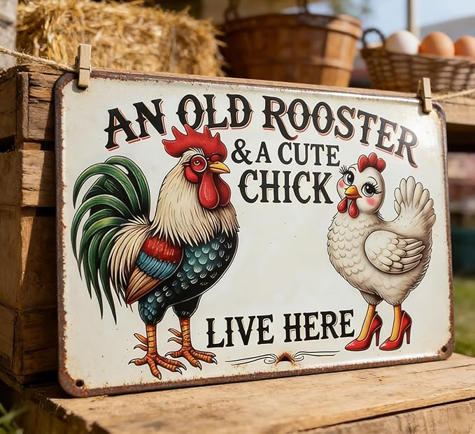 Vintage Chicken Coop Metal Signs Funny Farmhouse Tin Sign An Old Rooster & A Cute Chick Live Here Metal Sign Funny Tin Signs for Chicken Coop Farm Kitchen Garden Yard Decor