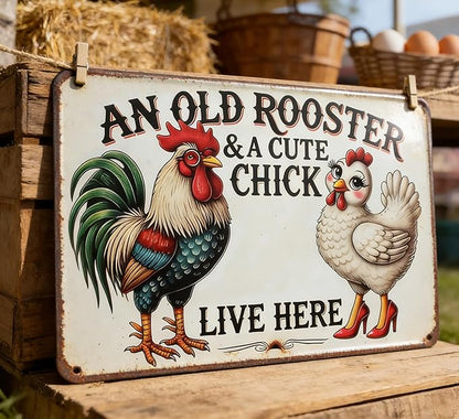 Vintage Chicken Coop Metal Signs Funny Farmhouse Tin Sign An Old Rooster & A Cute Chick Live Here Metal Sign Funny Tin Signs for Chicken Coop Farm Kitchen Garden Yard Decor