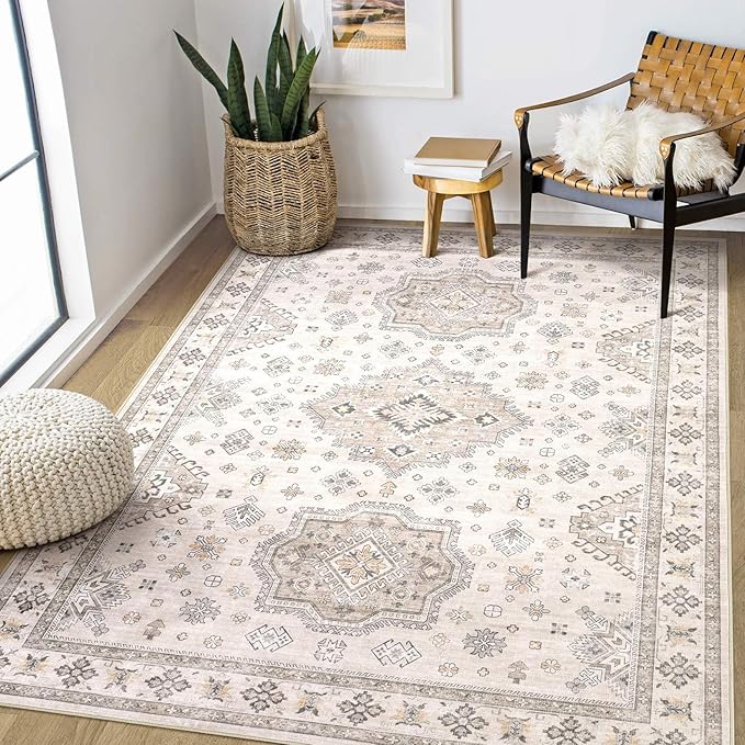 EIEIHOUSE Washable Area Rugs for Living Room - 5x7 Neutral Vintage Distressed Floral Farmhouse Boho Large Soft Floor Rug Indoor Non Slip Carpet for Living Room Bedroom Dining Room Office - Beige Brown