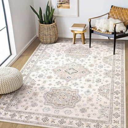 EIEIHOUSE Washable Area Rugs for Living Room - 5x7 Neutral Vintage Distressed Floral Farmhouse Boho Large Soft Floor Rug Indoor Non Slip Carpet for Living Room Bedroom Dining Room Office - Beige Brown