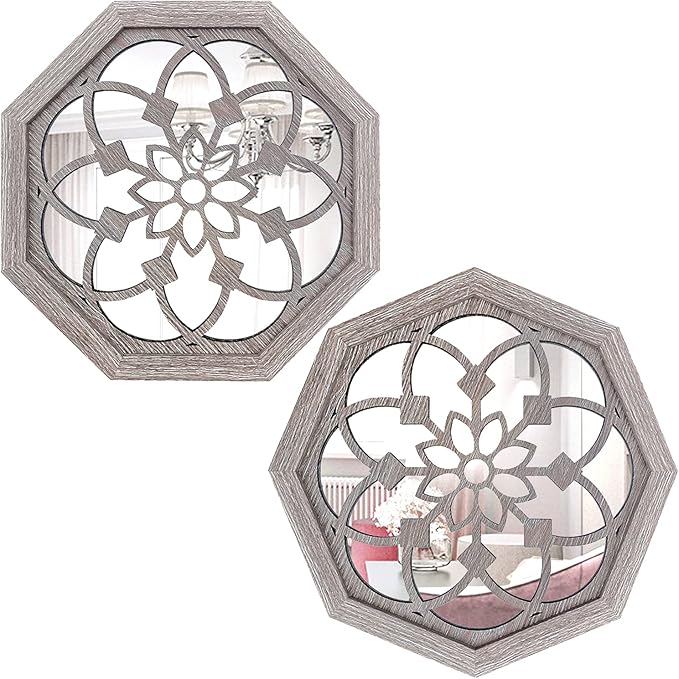 ZOLAPI 2 PCS Octagon Wall-Mounted Mirrors,Vintage Farmhouse Mirror for Wall Decor,Barn Wood Color Decorative Accent Mirror for Foyer, Bathroom, Bedroom. (12”x12”)