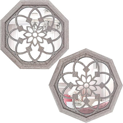 ZOLAPI 2 PCS Octagon Wall-Mounted Mirrors,Vintage Farmhouse Mirror for Wall Decor,Barn Wood Color Decorative Accent Mirror for Foyer, Bathroom, Bedroom. (12”x12”)