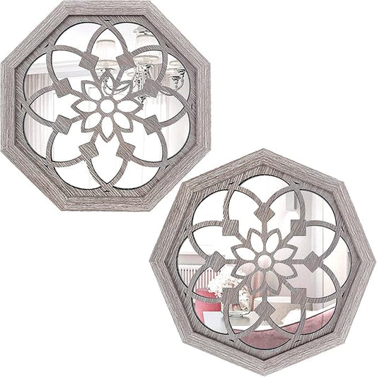ZOLAPI 2 PCS Octagon Wall-Mounted Mirrors,Vintage Farmhouse Mirror for Wall Decor,Barn Wood Color Decorative Accent Mirror for Foyer, Bathroom, Bedroom. (12”x12”)