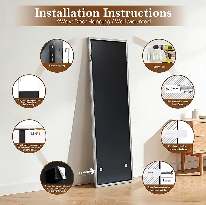 NARCISSUS 47x14 Mirror Door Hanging Full Length,Over Door or Wall Mounted Aluminum Alloy Frame Tempered Glass Rectangle Full Body Mirrors for Bedroom Dressing Living Room Bathroom 47 inch Silver