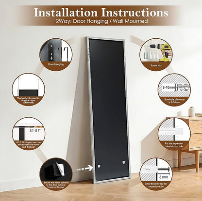 NARCISSUS 47x14 Mirror Door Hanging Full Length,Over Door or Wall Mounted Aluminum Alloy Frame Tempered Glass Rectangle Full Body Mirrors for Bedroom Dressing Living Room Bathroom 47 inch Silver
