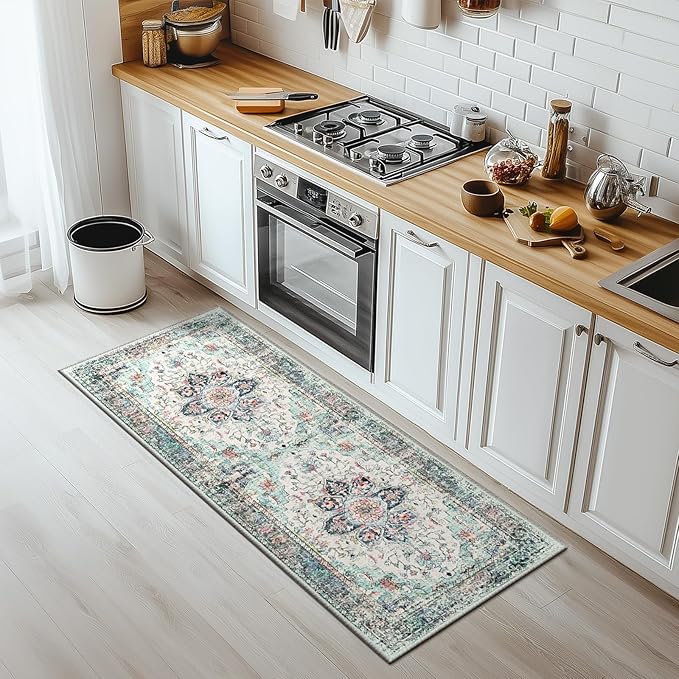 BESTSWEETIE 2x6 Area Rug Washable Rugs for Living Room, No Pile Boho Carpet for Entryway Bedroom Dinning Room, Vintage Carpet Print Distressed Non-Slip, 2 x 6 ft, Multi Navy Teal