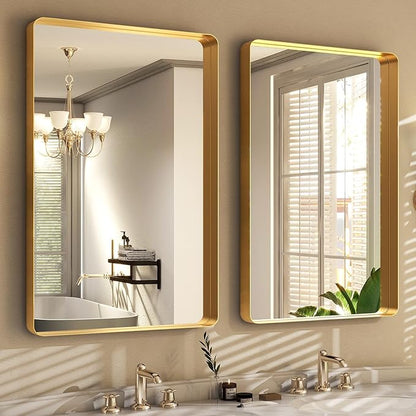 Easly 36 x 24 Inch Gold Bathroom Mirror for Wall,Aluminum Alloy Frame Rectangular Wall Mounted Mirror for Farmhouse Decor Horizontal or Vertical Ideal for Bedroom, Living Room