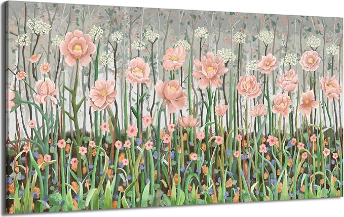 Extra Large Rustic Landscape Plant Wall Art For The Living Room, Pink And Green Natural Floral Canvas Art Print, Warm And Soothing Modern Wall Decor Picture For Living Rooms, Lounges, Bedrooms, And Studies. 58X29 Inches.