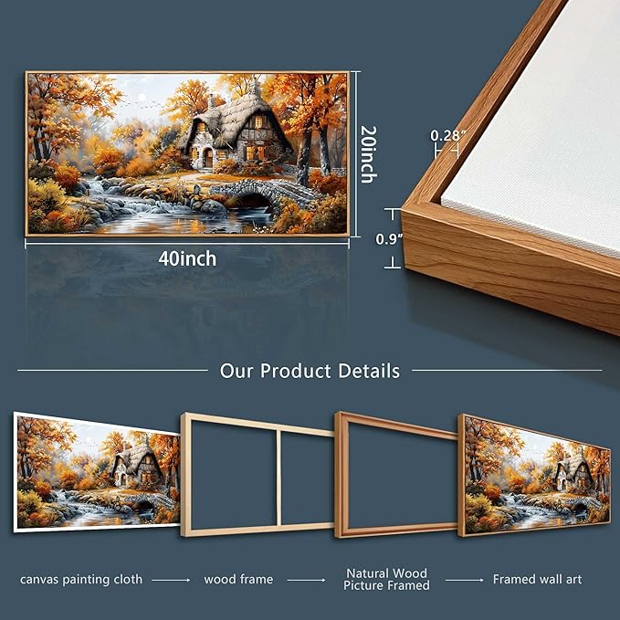 QIYILEXWART Canvas Wall Art For Living Room Wall Decor For Bedroom Office Wall Decoration Autumn Cottage River Landscape Painting Farmhouse Pictures Artwork Room Aesthetic Home Decor 20x40 In